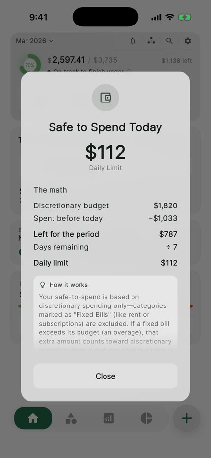 CentsCheck's Safe to spend today panel on the home screen